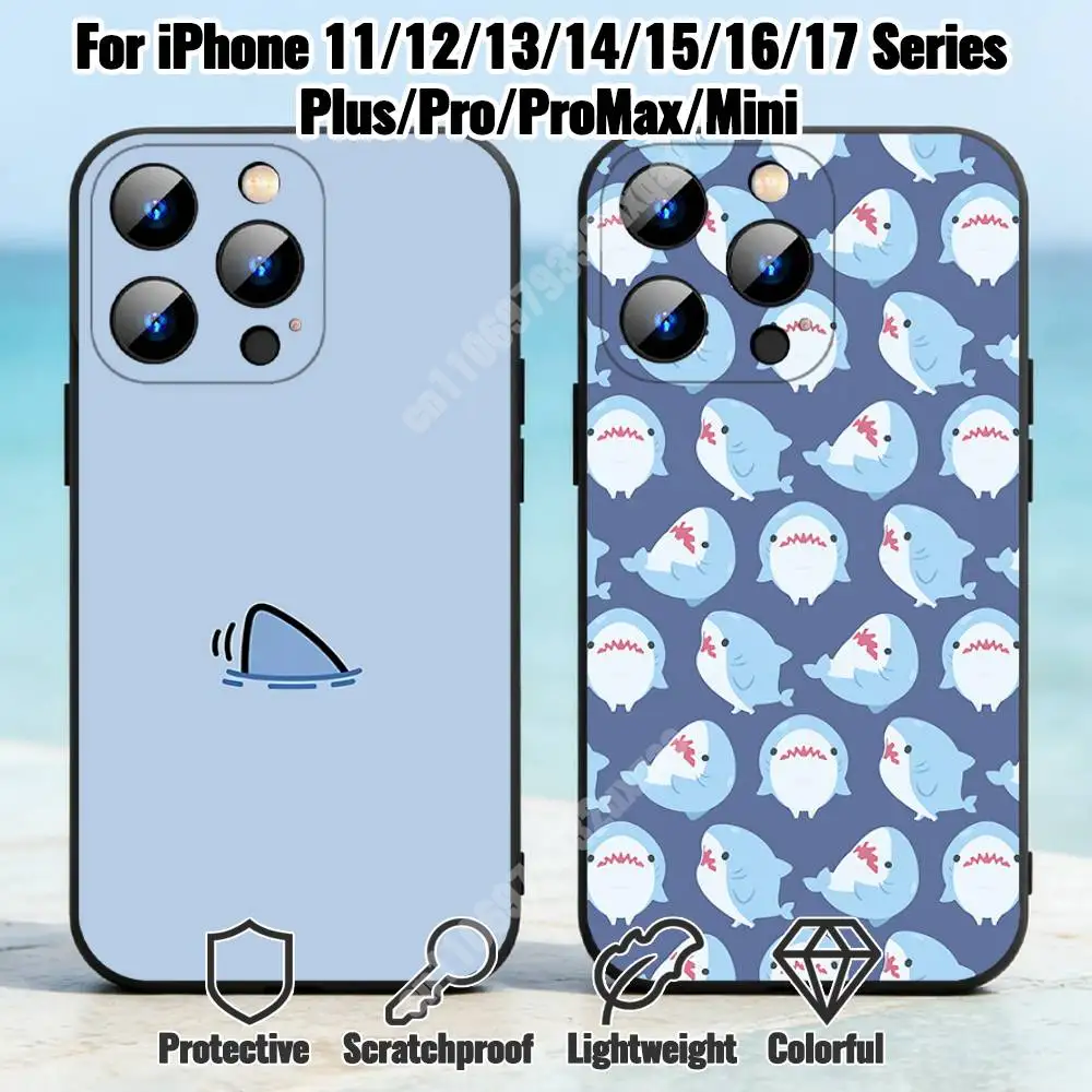Kawaii Shark Pattern Phone Case for iPhone 17 16 16E 15 14 Pro Plus Air 13 12 11 Max Mini X XR XS TPU Bumper