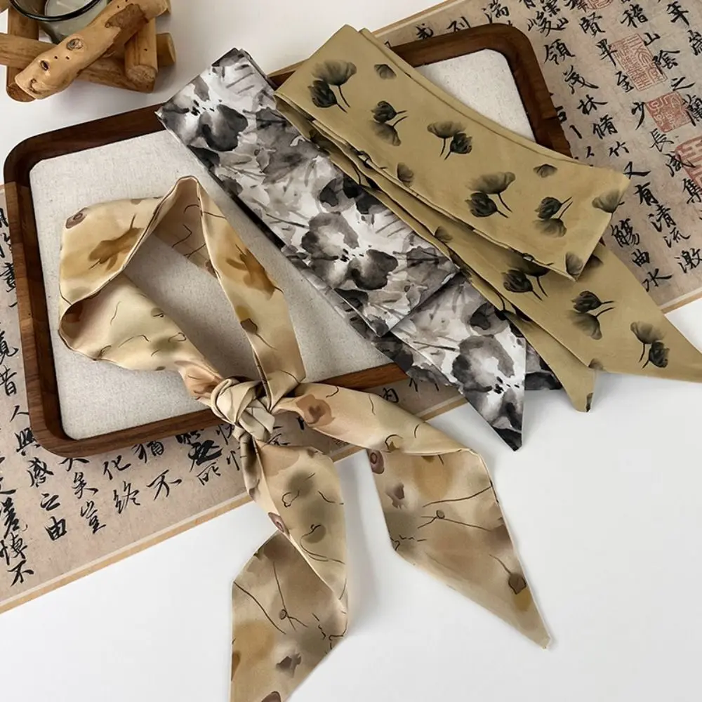 Bufanda de seda larga elegante con pintura de tinta, cinta para el pelo, pañuelo largo de seda, bufanda estampada, tocado, banda para el pelo antigua para mujer
