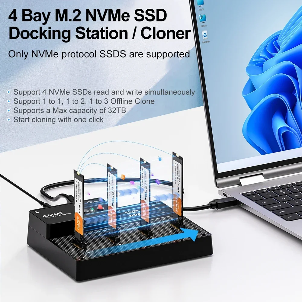 MAIWO 4ベイ M.2 NVMe SSDドック 冷却ファン付き USB4.0 NVMeクローナー デュプリケーター 1対3オフラインクローン対応 40Gbps Thunderbolt 4/3対応