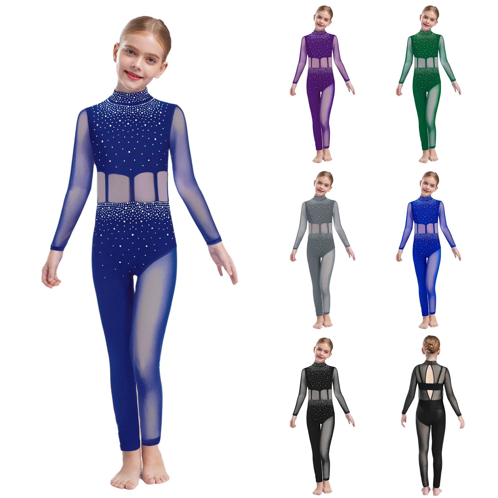 Ragazze Pattinaggio di Figura Costume di Ballo Balletto di Danza Body Mock Neck Manica Lunga Buco della Serratura Indietro Strass Ginnastica Tuta