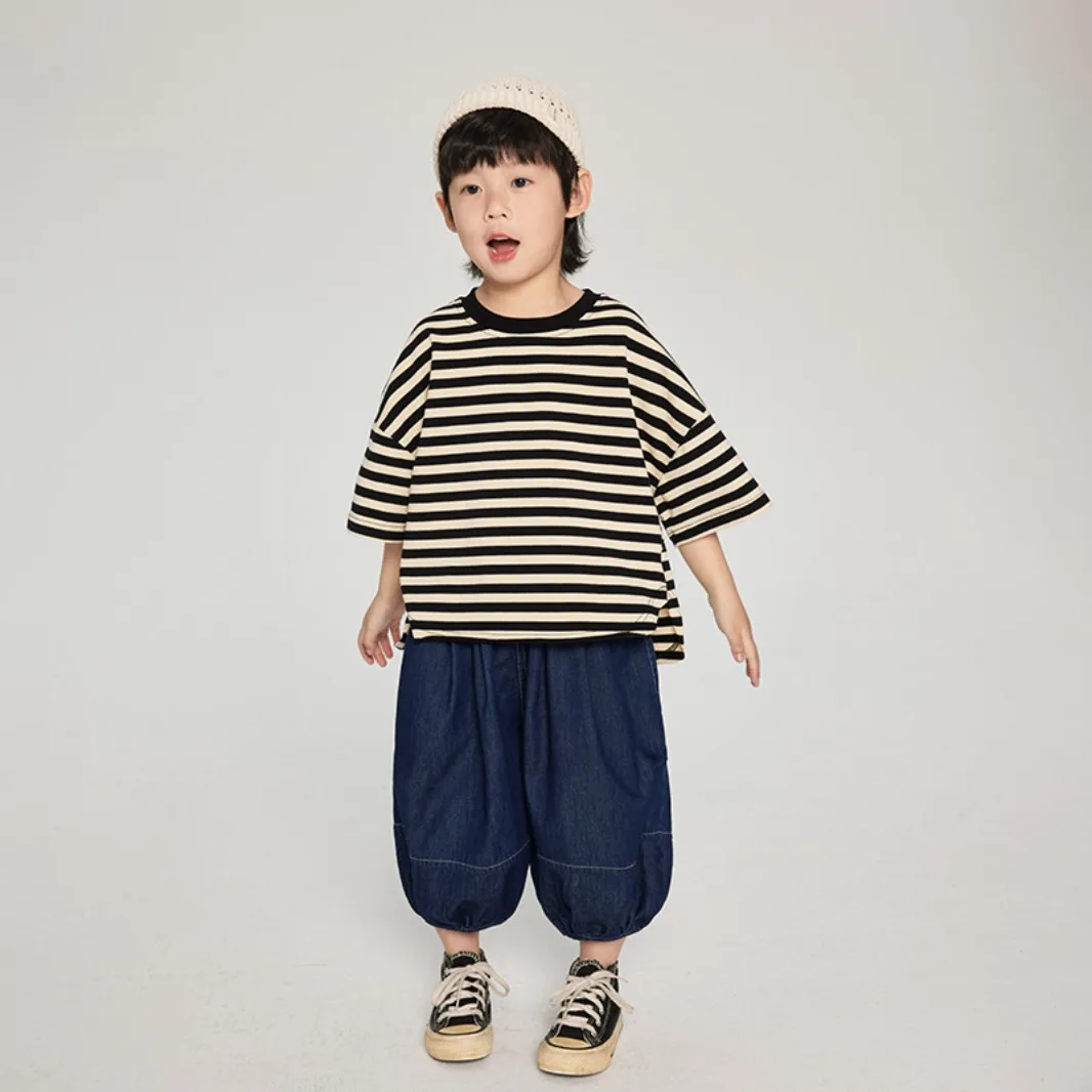 Children's short-sleeved t-shirt summer children Korean version of the striped loose thin section half-sleeved