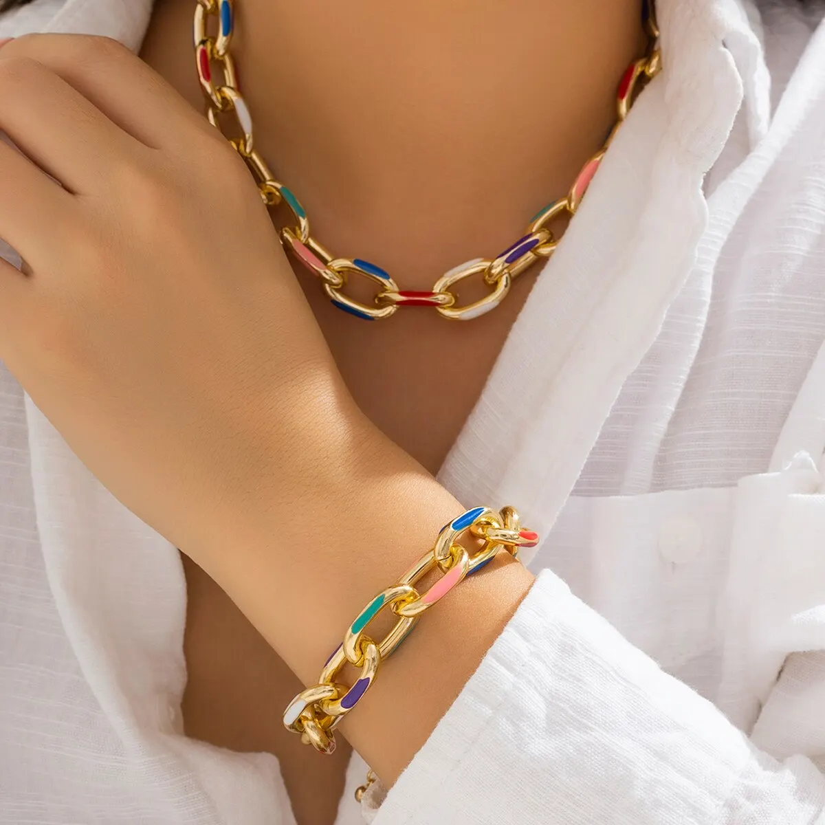 2pc Colorful Bohemian Choker Necklace & Bracelet Set
