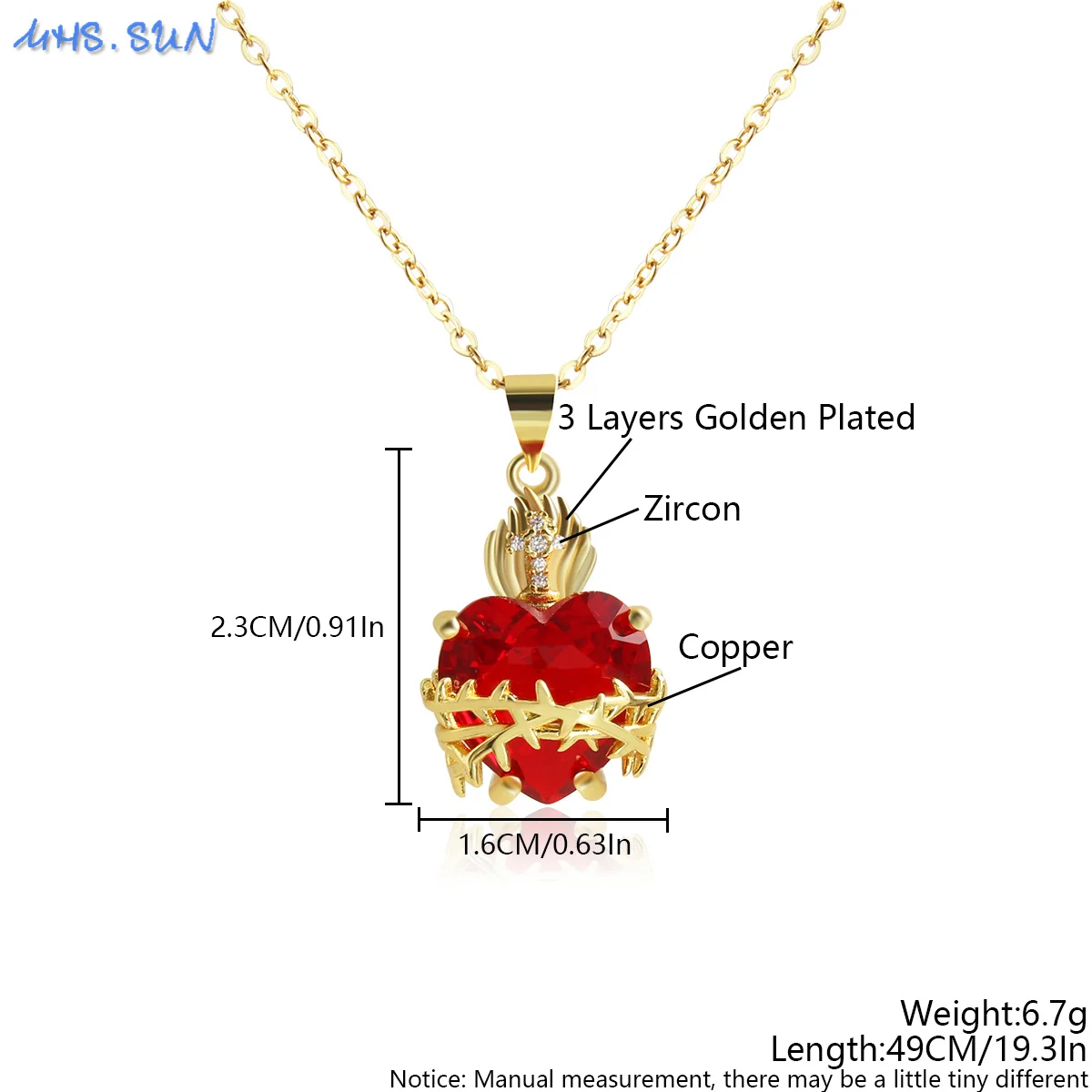 MHS.SUN Gold Plated Sacred Heart of Jesus Cross Necklace Red Zircon Religious Catholic Pendant Necklaces For Women Girls Jewelry