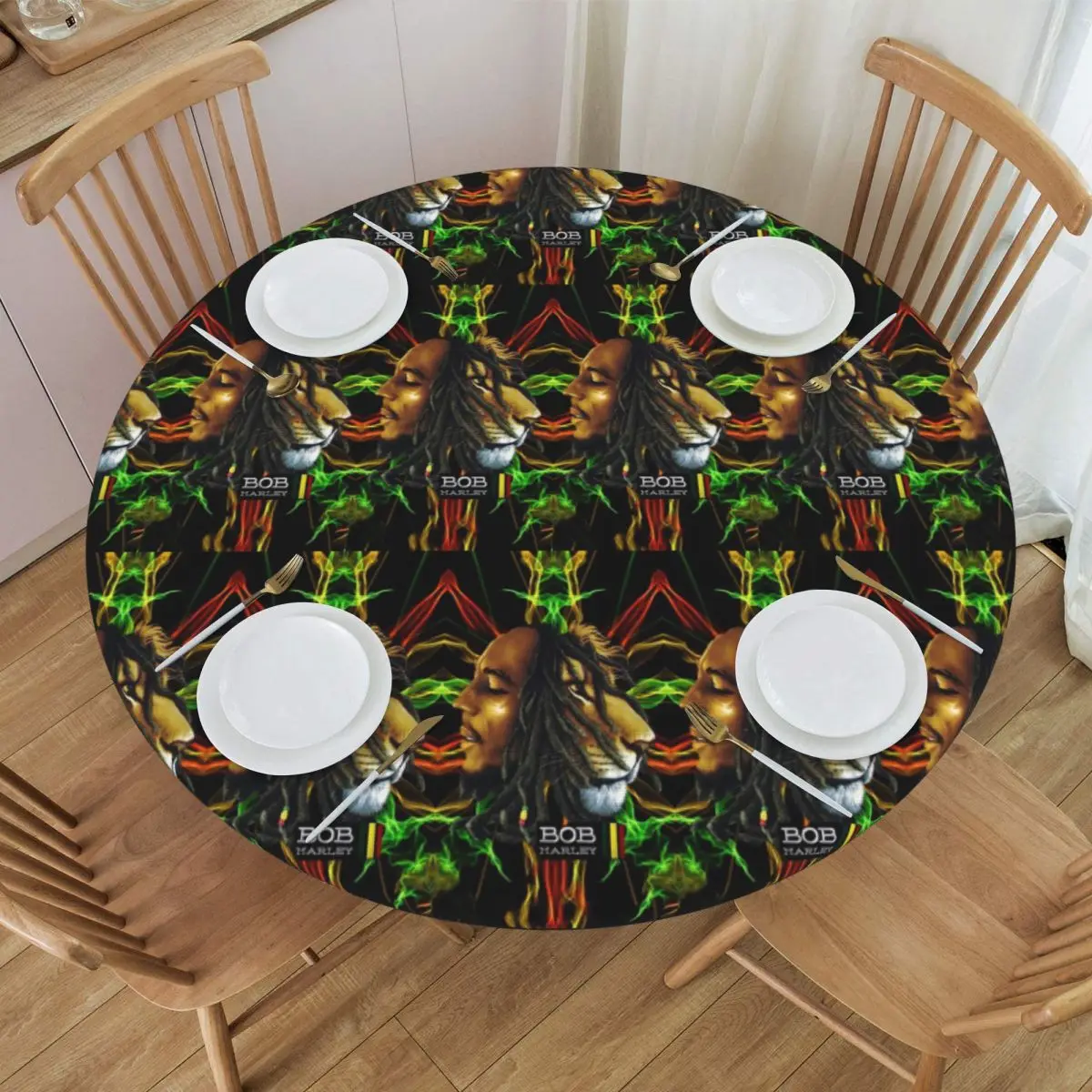 Jamaica Singer Reggae Rock Bob Marley Waterproof Round Tablecloth Oilproof Table Cloth for Kitchen Events Dining Table Cover