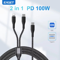 Eaget 2 in 1 USB C Cable for iPhone15 16 100W PD Type C to C to Lightning QC 4.0 Fast Charging Cable Type C Cable for PC Samsung