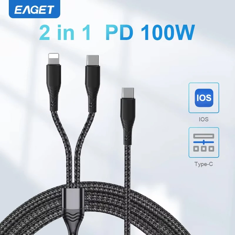 Eaget 2 in 1 USB C Cable for iPhone15 16 100W PD Type C to C to Lightning QC 4.0 Fast Charging Cable Type C Cable for PC Samsung