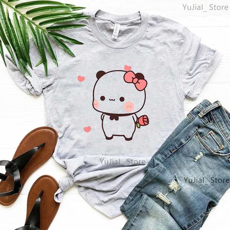 Panda Bubu Dudu Cartoon Print T Shirt Girls Pink Bow Rose Love Tshirt Women Gray/Green/Yellow/Pink/Black/White T-Shirt