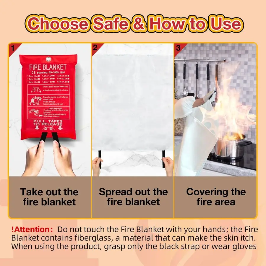حزمة بطانية حريق للطوارئ للمطبخ المنزلي، 39 × 39 بطانيات كبيرة لضغط الحرائق في حالات الطوارئ من الألياف الزجاجية المقاومة للهب