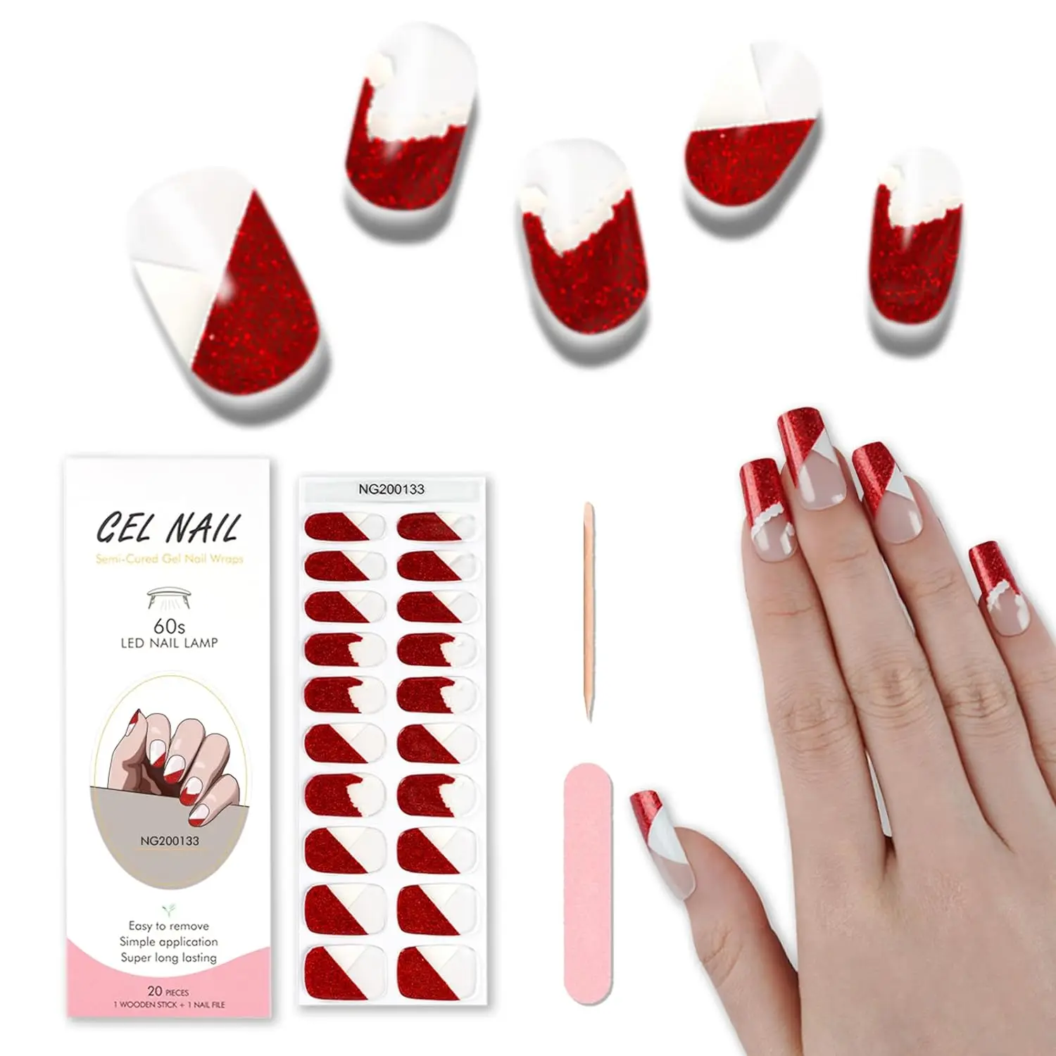 16/20/22 Tips Semi-Cured Gel-Nagel-Wraps, vollflächige Maniküre, DIY, wasserfest, langanhaltend, Gel-Nagel-Sticker-Set, für UV-Lampe erforderlich