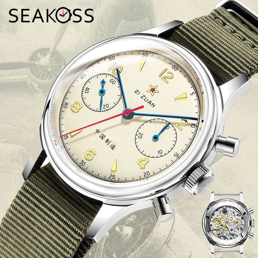 SEAKOSS 40 มม.Goose Men 1963 Chronograph Original ST1901 Seagull การเคลื่อนไหว Hand Winding Mechanical 38 มม.นักบินนาฬิกาข้อมือ