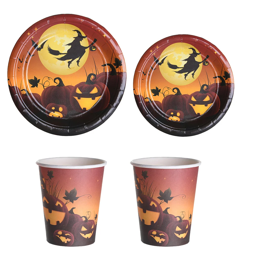 1SET Halloween Disposable Tableware Pumpkin Ghost Witch Printed Paper Plates Straws for Halloween Home Party Table Decorations