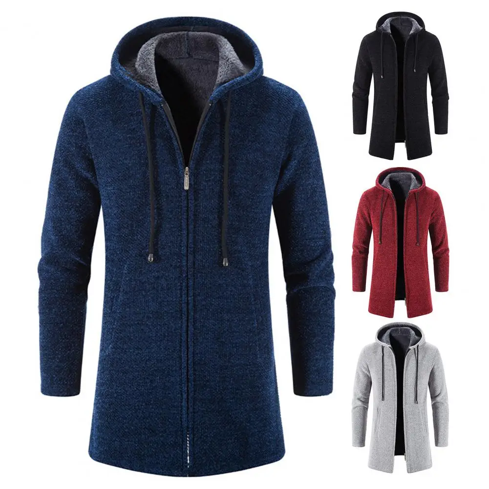 Solid Color Knitting Coat Men's Hooded Knitting Coat with Drawstring Long Sleeve Solid Color Jacket Zipper Placket for Men