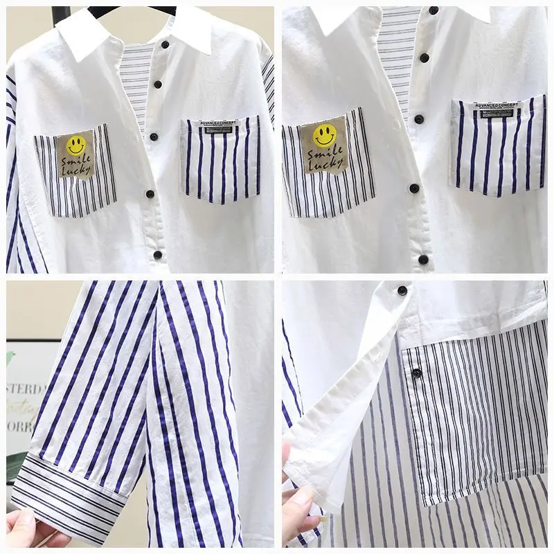 Blouses Women Stitching Striped White Shirts 2024 Spring Autumn New Tops Korean Style Loose Mid-length Shirt Casual Top Coats