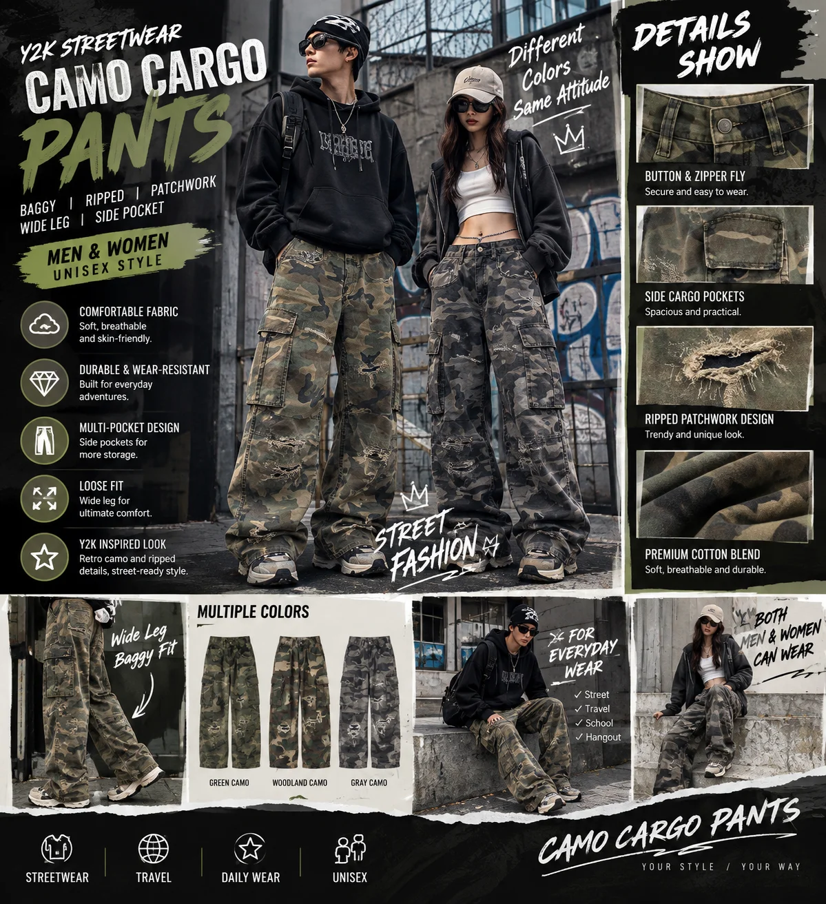 Calças Cargo Camufladas Y2K Masculinas e Femininas, Calças Largas Rasgadas com Retalhos, Calças de Rua com Perna Larga e Bolso Lateral, Casuais