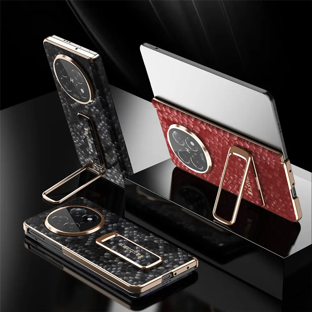 Funda con soporte de patrón de pitón de cuero de vaca Natural de primera calidad para OPPO Find N5, cubierta protectora trasera con bisagra