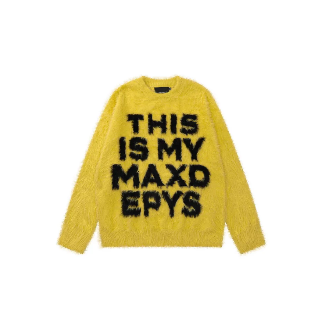 Unisex Knitting Sweater 2025 Retro Couples Sweater Letter Print Faux Mink Fur Lazy Style Unisex Loose Casual Knit Outerwear