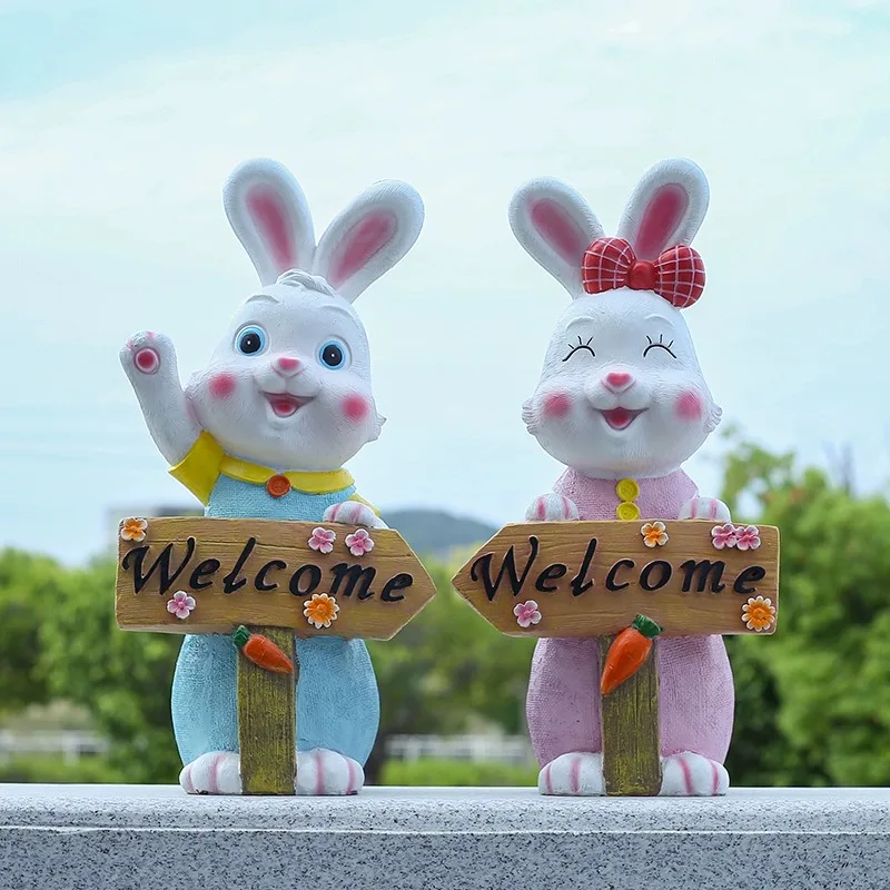 Cute Rabbit Garden Statues Welcome Sign Decor for Yard Kindergarten Animal Ornaments Cartoon Bunny Figurine for Lawn Decorations