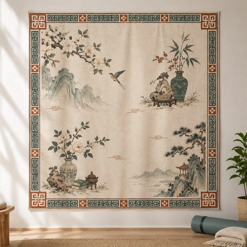 VIKAMA Chinese Fret Pattern Clustered Groups Tapestry Wall Hanging, Oriental Wall Decor Tapestries for Living Room Bedroom