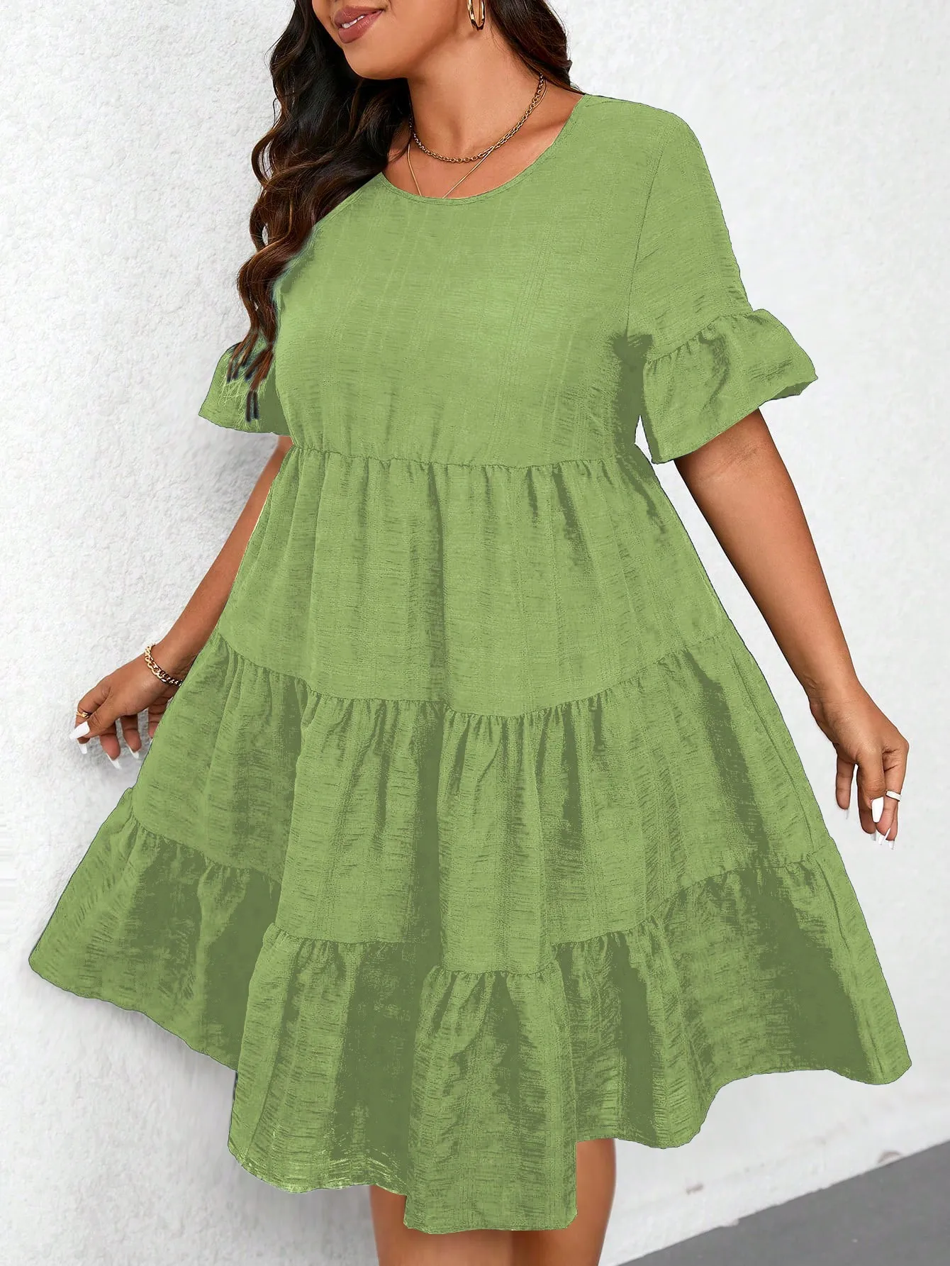 Women's Plus Size Tiered Midi Dress, Casual Round Neck Ruffle Short Sleeve A-Line Dress, Green Loose Summer Dress For Ladies view 6