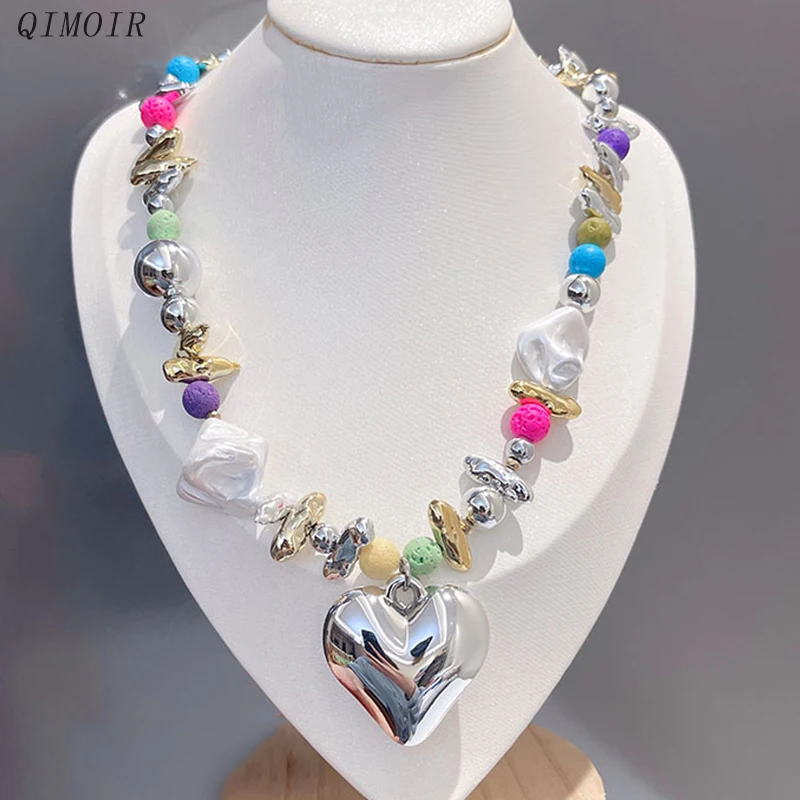 Multi Colors Large Heart Necklace For Women Irregular Metal Colorful Mixed Acrylic Stone Beads Girls Party Fashion Jewelry C1182