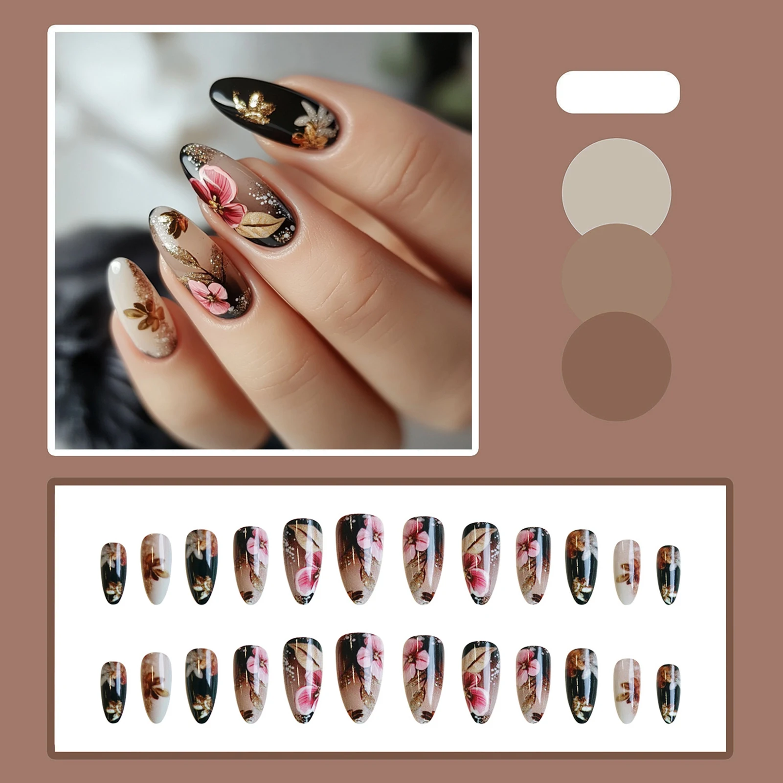 Faux ongles à pression avec fleurs feuilles d'or, 24 pièces, avec Design dégradé noir, paillettes d'amande, adhésif réutilisable, décor pour faux ongles
