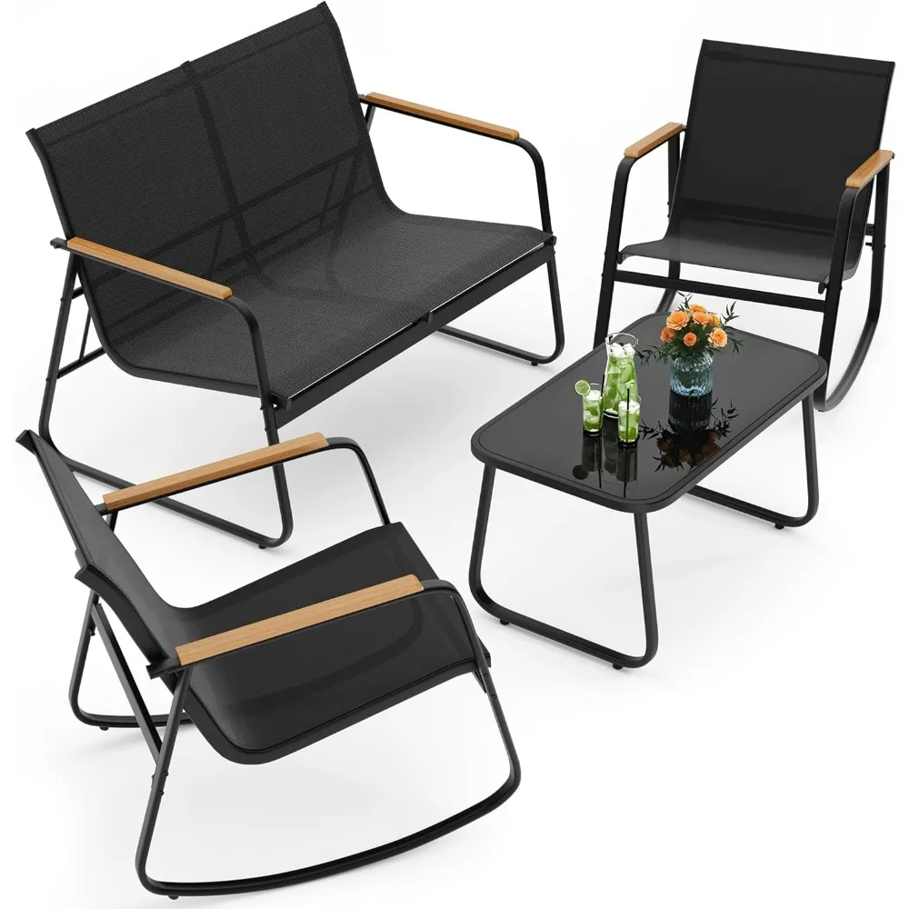 

4-Piece Patio Furniture Set, Textilene Outdoor Conversation Set with 2 Rocking Chairs and Tempered Glass Coffee Table