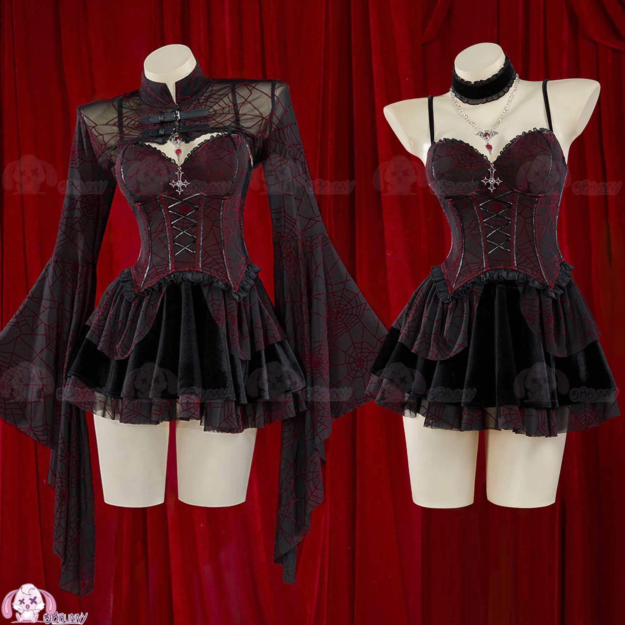 

Оригинальный дизайн, готическое красное, черное бархатное платье с паутиной, платье с узором на бретельках, MiniJirai Kei, костюм для девочек на Хэллоуин и Рождество