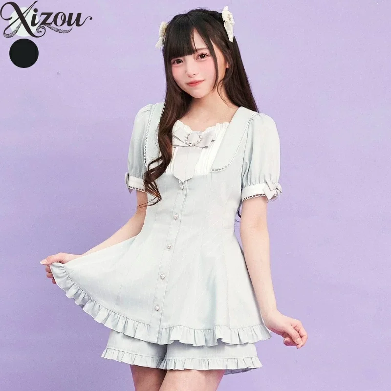 2025 vestido de verano pantalón japonés dulce lindo conjunto de dos piezas manga corta abombada arco rayas Top traje de Lolita volante cuello cuadrado