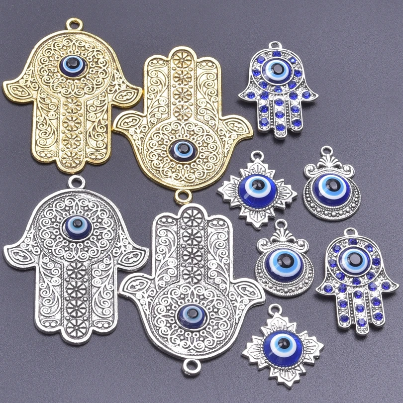 5Pcs/Lot Lucky Big Hamsa Palm Protection Amulet Charms With Evil Eye Beads Ancient Fatima Hand Pendant For Jewelry Accessories