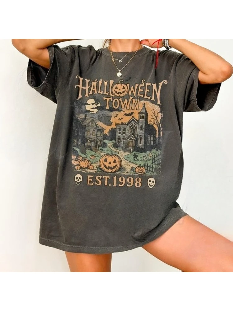 Halloween Graphic Printed T-Shirt for Unisex Oversized Retro O Neck Short Sleeve Blouse Tops Women Halloween Spooky Tee Shirts - Image 3