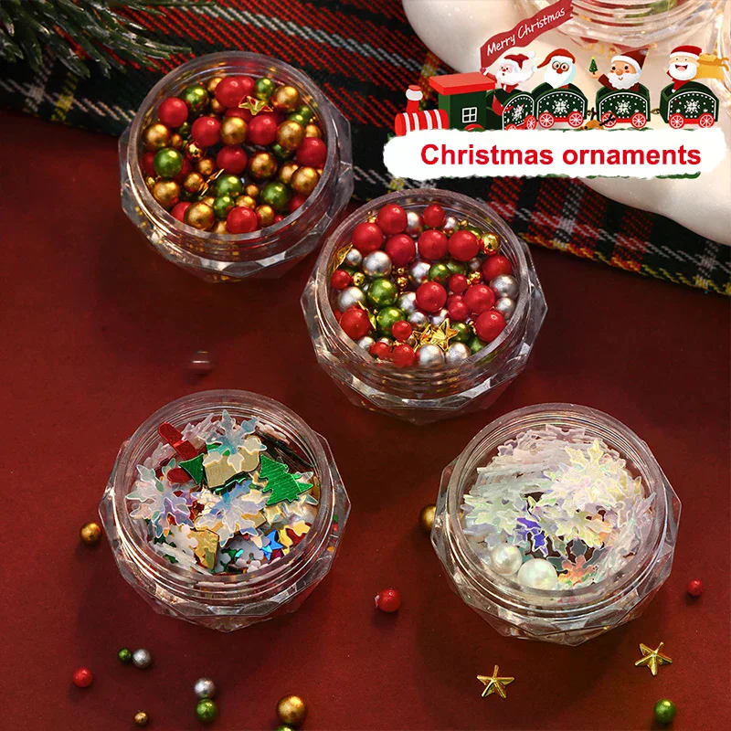 عيد الميلاد الأحمر/الأخضر اللؤلؤ مسمار حجر الراين مختلط الحجم بيرليسسينت الخرز الملون نالي سحر عيد الميلاد مانيكير مجوهرات