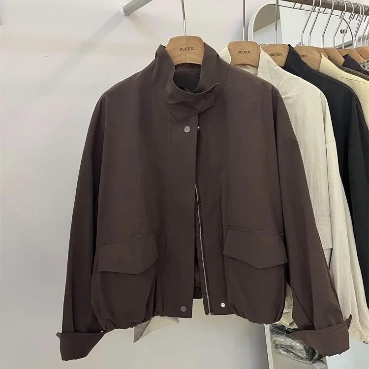 Stand-Up Collar 2026 Spring New Loose And Thin Small Coat casual Tooling Jacket Top Female Trench Coat Yellow Zipper Jacket Pink
