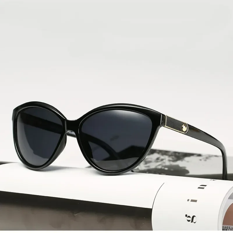 Women Luxury Retro Cat Eye Sunglasses Trendy Round Face Personalized Leather Inlaid Polarized UV Resistant Sun Glasses