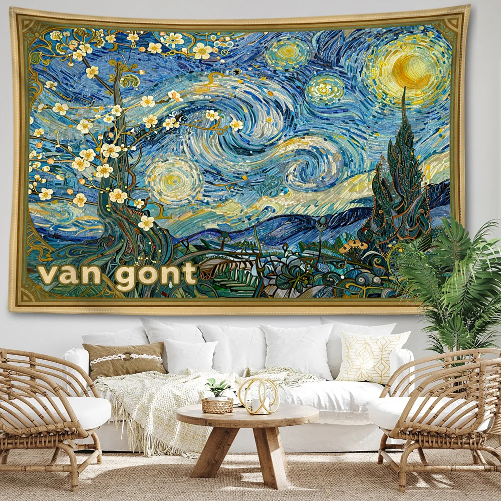 Almond Blossom Starry Night Printed Tapestry Wall Hanging Bohemian Style Bedroom Home Decor