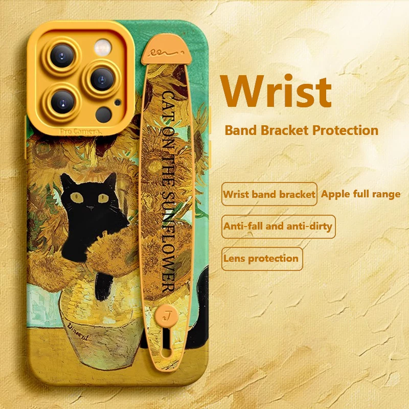 Deluxe Wrist Band Bracket Case For iphone 15 14 13 12 11 Pro Max X XR Xs Silicone Cell Phone Protective Cover Water Lily Cat