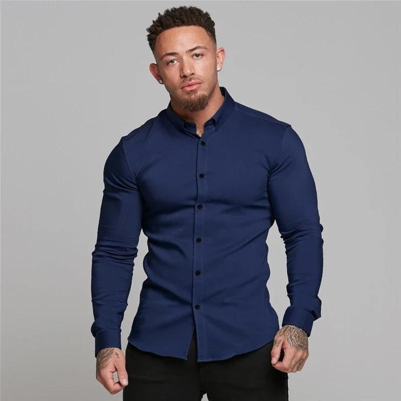 Autumn Fashion Slim Fit Button Long Sleeve Shirts Men Casual Sportswear Dress Shirt Male Hipster Shirts Tops Fitness Clothing