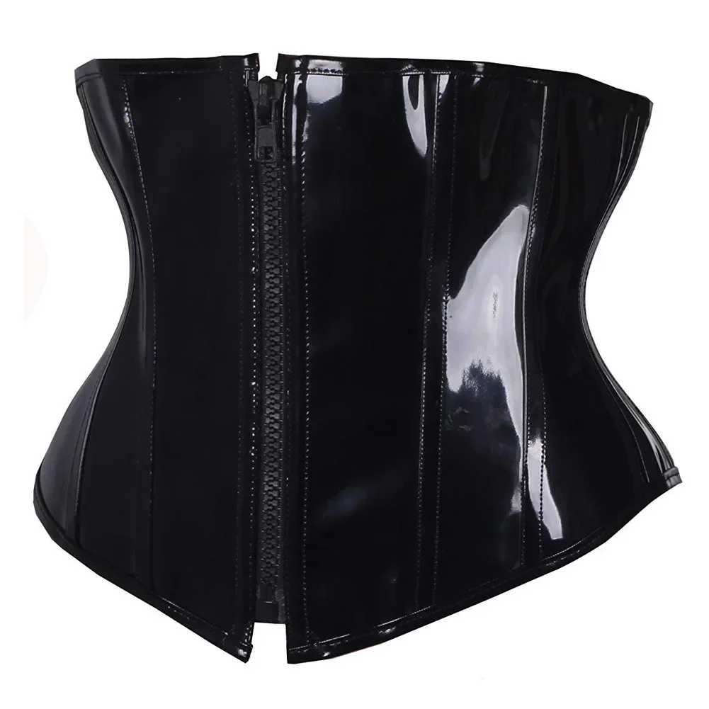 Women Steampunk Corset Top Black Shiny PVC Leather Bustiers and Corsets Zipper Gothic Underbust Waist Cincher Corselet