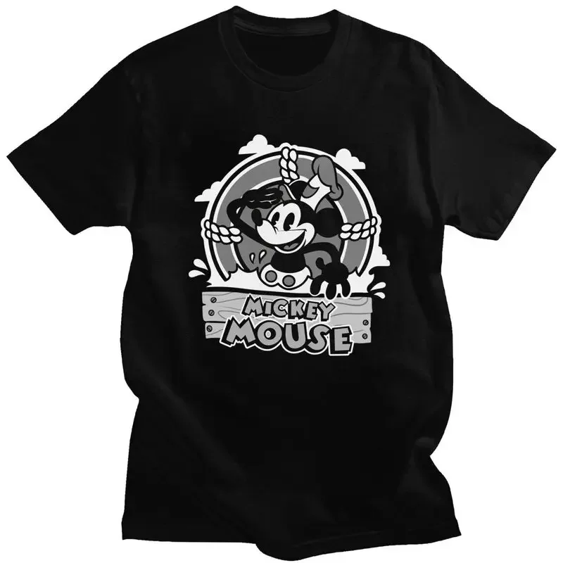 Steamboat Willie Cartoon T Shirt for Men Pure Cotton Tshirt Awesome Tees Short Sleeve Mickey Mouse T-shirts Slim Clothing Gift