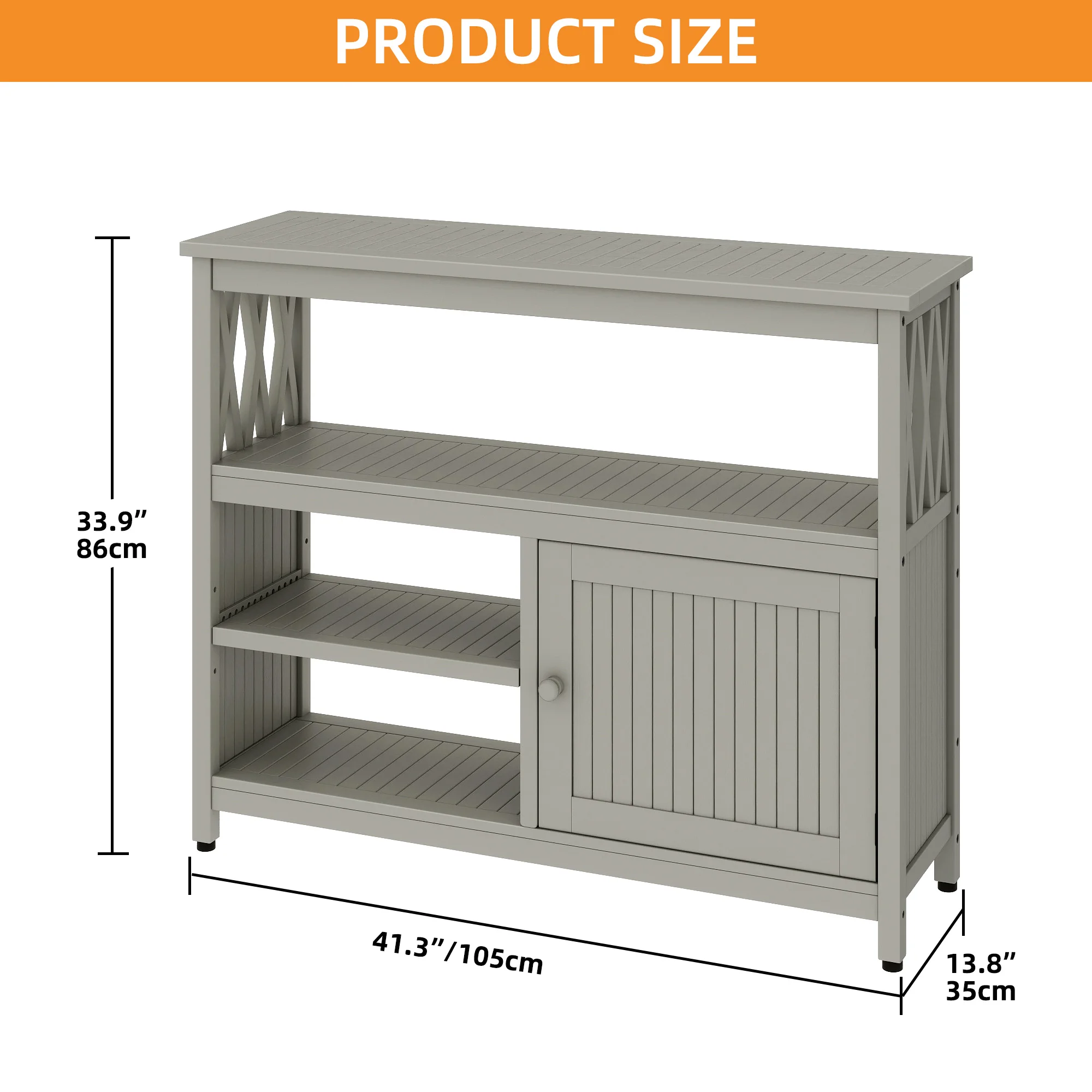 4-Tier Wood Buffet Sideboard Cabinet with Door, Patio Storage Cabinet with Adjustable Shelf, Gray