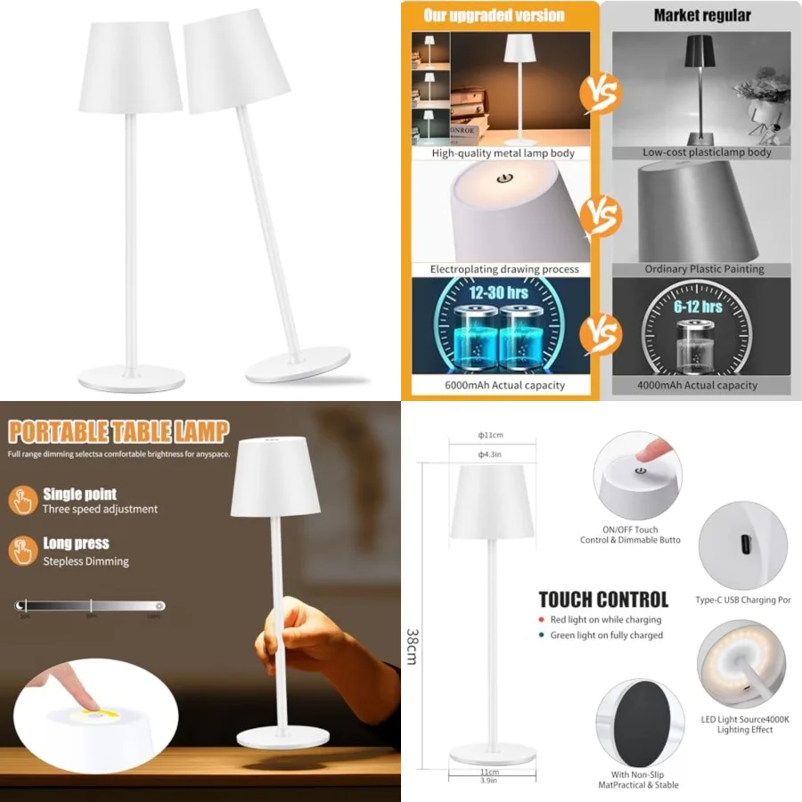 

2 Pack Cordless Table Lamp, Portable LED Desk Lamp, 6000mAh Battery Operated, 3 Color Stepless Dimming Up, for Restaurant/Bedro