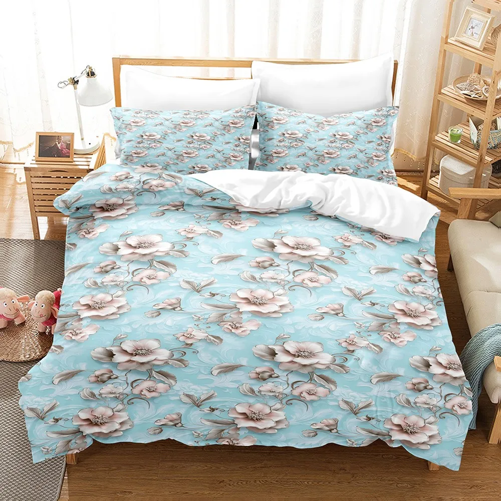 Cyan Floral Duvet Cover Set 3Pcs Vintage Flower Print Bedding 2 Pillowcases No Comforter Breathable All Sizes Bedroom Decor