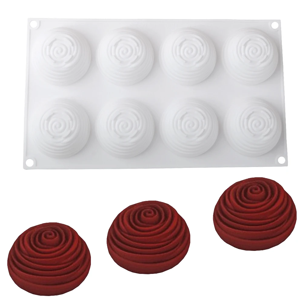 Spiral-Rosenform mit 8 Mulden, französisches Dessert, Silikonform, Blumenmousse, Kuchenform, DIY-Backform