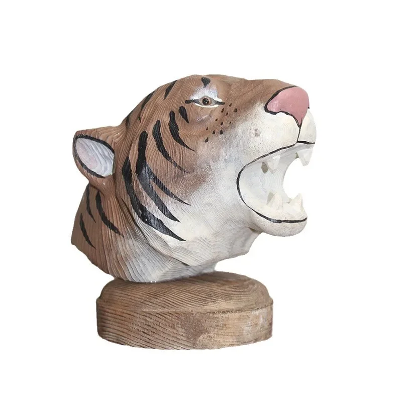 Artificial Animal Sculpture Woodcarving Tiger Lion Animal Head Woodcarving Crafts Pine Ornaments Home Decoration Accessories