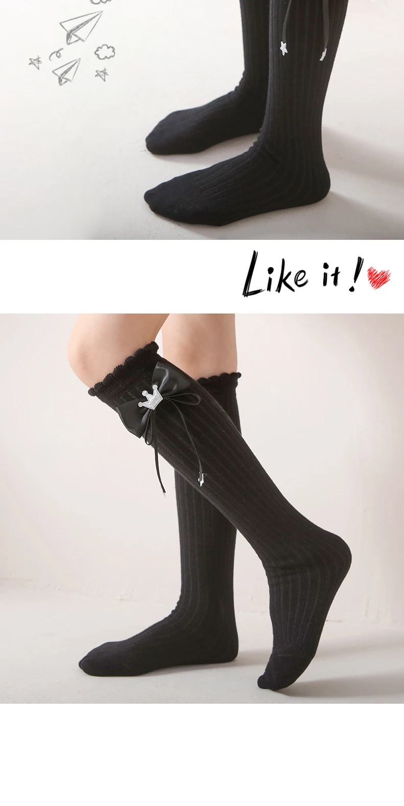 Neue Kinder Mädchen Bogen lange Socken Frühling Herbst Baumwolle über dem Knie hoch kawaii Socken niedlich glänzend Krone Stern Baby Lolita Strümpfe – Detail 12