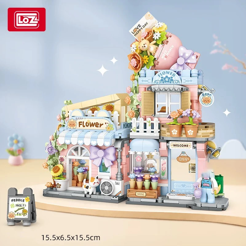 LOZ-4801 Klappbarer Street View Bär Takoyaki Holzhaus Blumenwerkstatt Gebäudehaus Modell Kinderbausteine Spielzeug