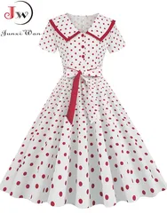 Women's Vintage Polka Dot Turn-Down Collar Midi Dress Summer 50s Style Elegant Button Detail Short Sleeve Party Gown