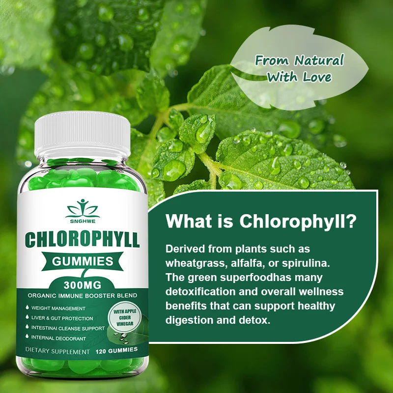 Chlorophyll Gummies-with ACV, Vitamin D3, C, E, B12 -Natural Deodorant, Energy Boost, Immune&Digestion Support, Vegan 60 Candies