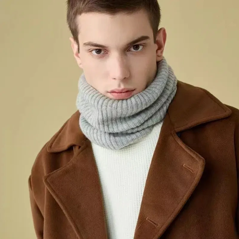 

100% Pure Cashmere Neck Cover Winter Warm Scarf for Men And Women Knitted Solid Vertical Stripes Fake Collar Head Ring Included