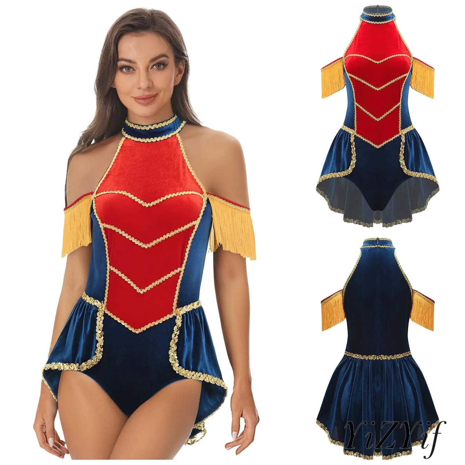 

Womens Velvet Circus Ringmaster Costume One Piece with Tassel Accents And Gold Trim Jumpsuit for Halloween Carnival Themed Party