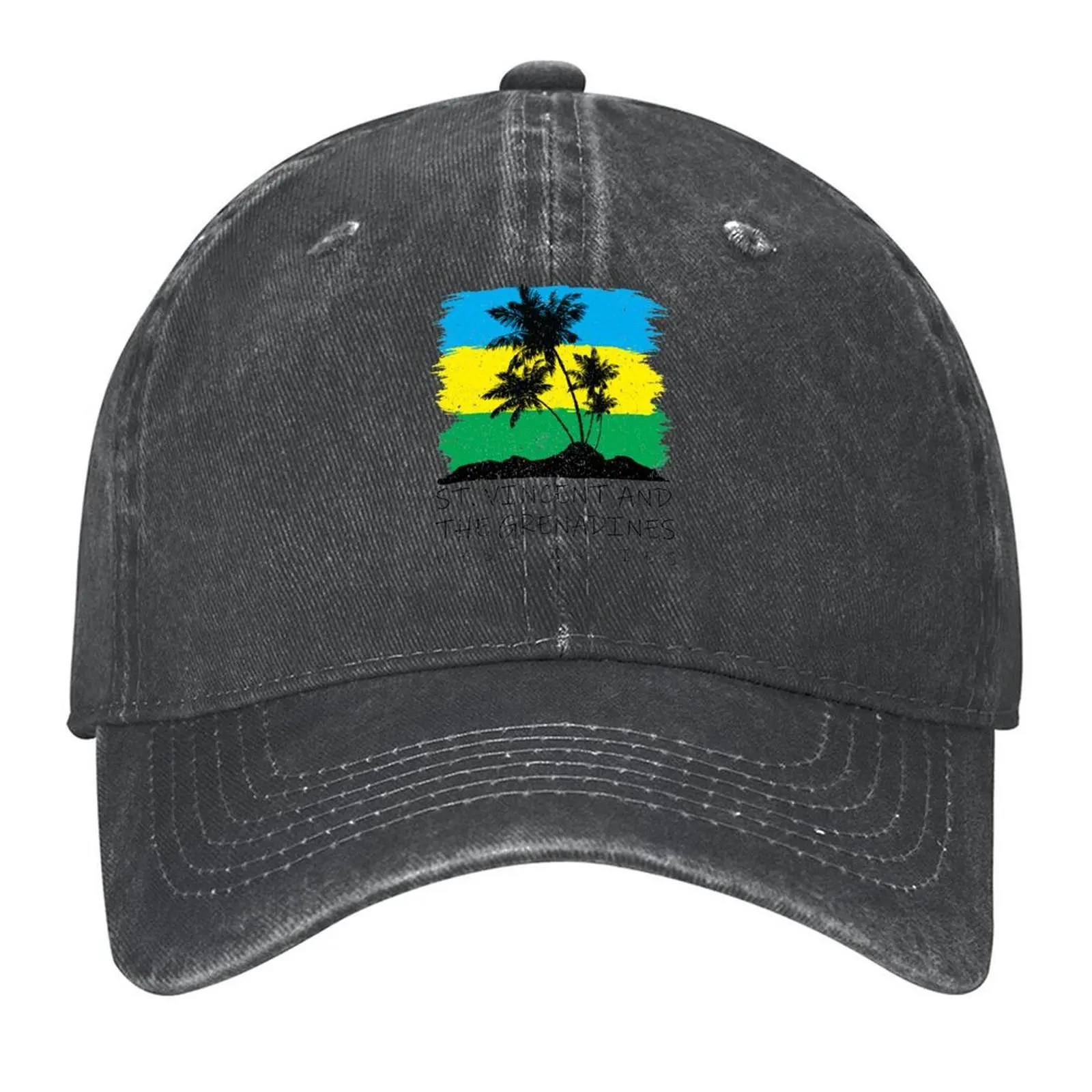 

St Vincent and the Grenadines National Colours in Background of Palm silhouette Baseball Cap Sunhat New In Hat Woman Men's